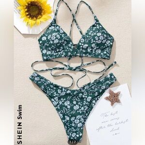 SHEIN Ditsy Floral Criss Cross Cami Top & High Cut Bottom bikini size medium